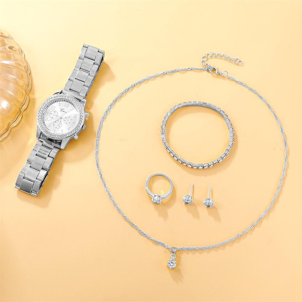 6 Piece Luxury Set Watch/Ring/Necklace/Earring/Bracelet - Clickermans