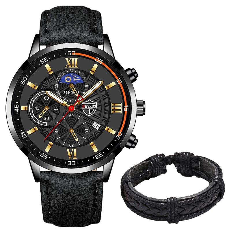 Men's Stainless Steel Quartz Sport Watch With Premium Leather Bracelet - ClickerMans