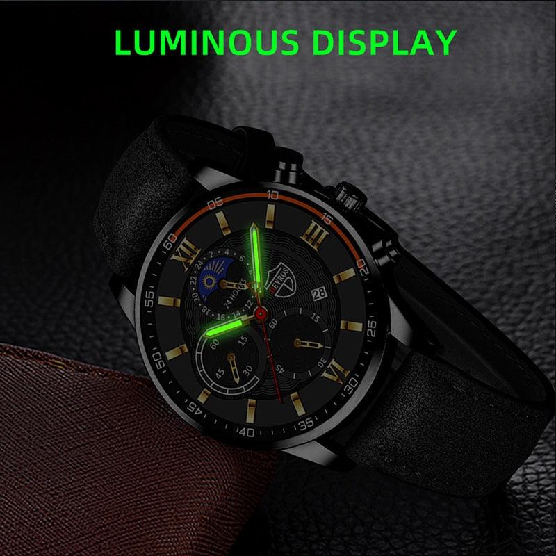Men's Stainless Steel Quartz Sport Watch With Premium Leather Bracelet - ClickerMans