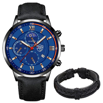 Men's Stainless Steel Quartz Sport Watch With Premium Leather Bracelet - ClickerMans
