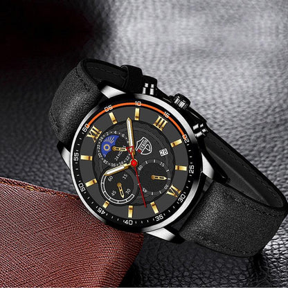 Men's Stainless Steel Quartz Sport Watch With Premium Leather Bracelet - ClickerMans