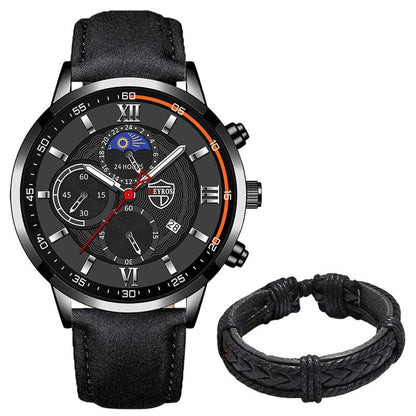 Men's Stainless Steel Quartz Sport Watch With Premium Leather Bracelet - ClickerMans