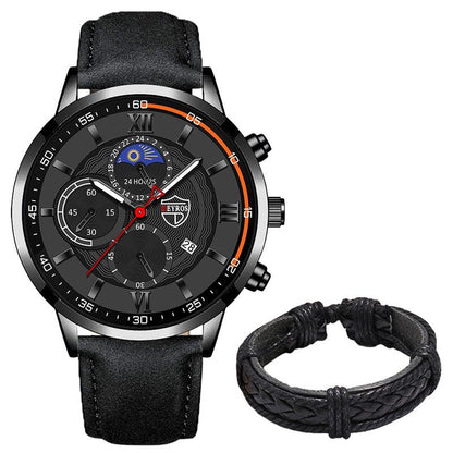 Men's Stainless Steel Quartz Sport Watch With Premium Leather Bracelet - ClickerMans