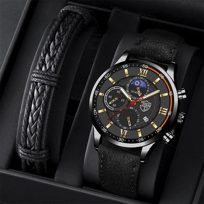 Men's Stainless Steel Quartz Sport Watch With Premium Leather Bracelet - ClickerMans