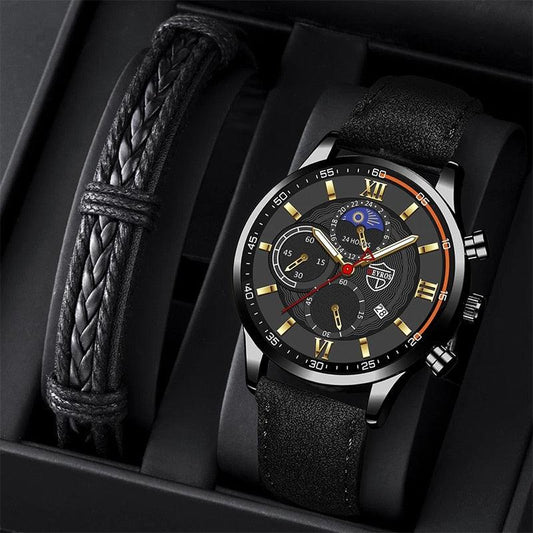Men's Stainless Steel Quartz Sport Watch With Premium Leather Bracelet - ClickerMans