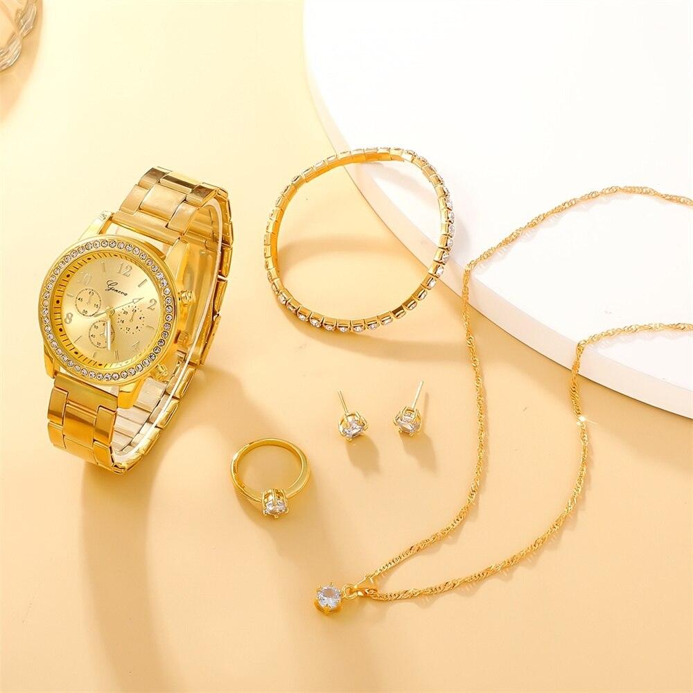 6 Piece Luxury Set Watch/Ring/Necklace/Earring/Bracelet - Clickermans